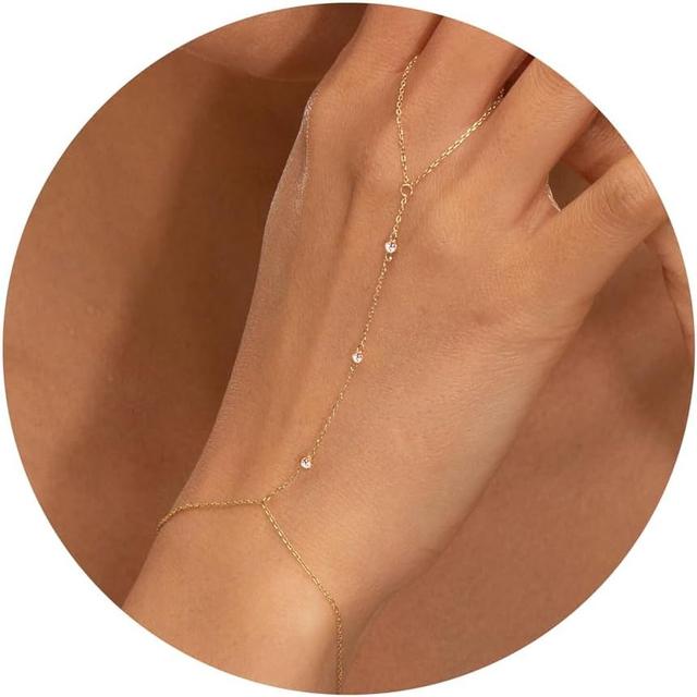 TEMU Trendy Golden Hand Chain Bracelet For Women, Featuring A And Finger Ring Design, Along With A Slave Cuff Bracelet With Cubic Zirconia, Perfect For Women's Accessories.