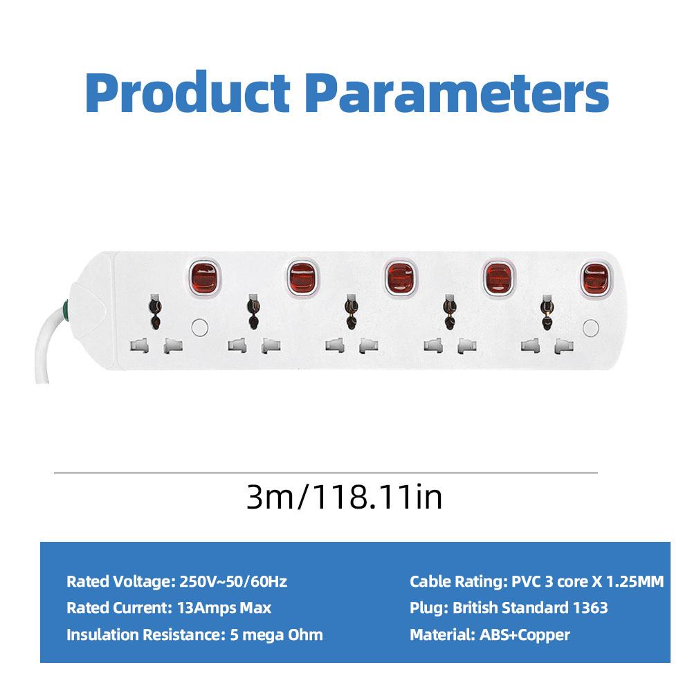 TEMU And 5m Uk Strip, 6-gang Extension Lead With Individual Switches, 13a 250v, Pvc Cable, -protected Multi-plug Extension For Home And Office