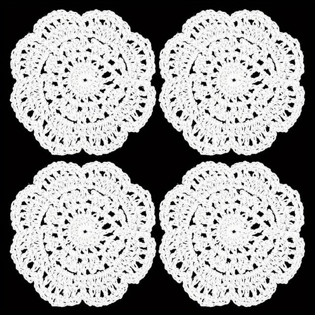 TEMU 4er-Pack Vintage Weiß Crochet Doilies, 8- Runde Handgemachte Spitze Placemats, & Polyester Mischung, Wellenrand, Strickstoff, Nur Handwaschen, für Hochzeit Geburtstag Handarbeiten Tischdekoration