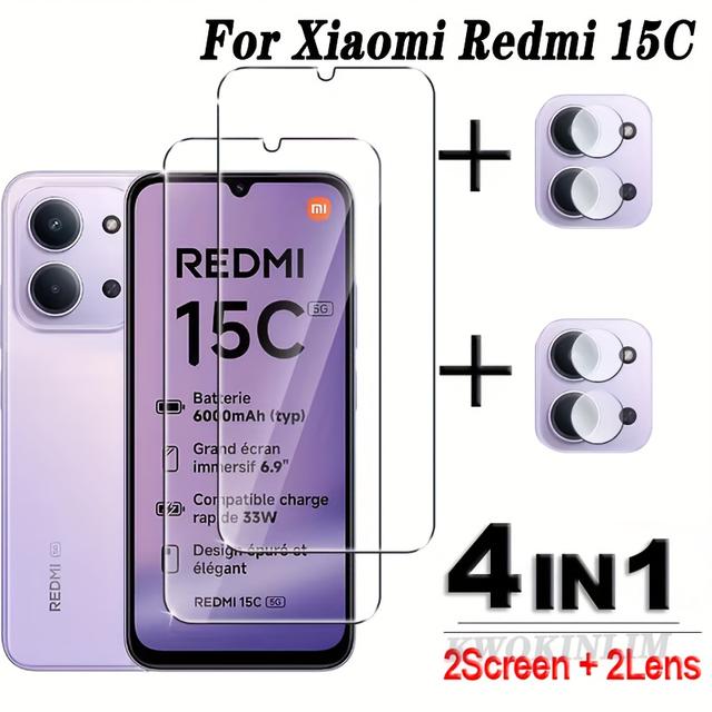 TEMU 2+2 Edzett Üveg Képernyővédő Redmi 15C-hez - 2 Edzett Üveg + 2 Kamera Lencsevédő, Telefontok, Képernyő és Lencsevédő Készlet - Ütésálló, Karcolásálló, Könnyű Szerelés