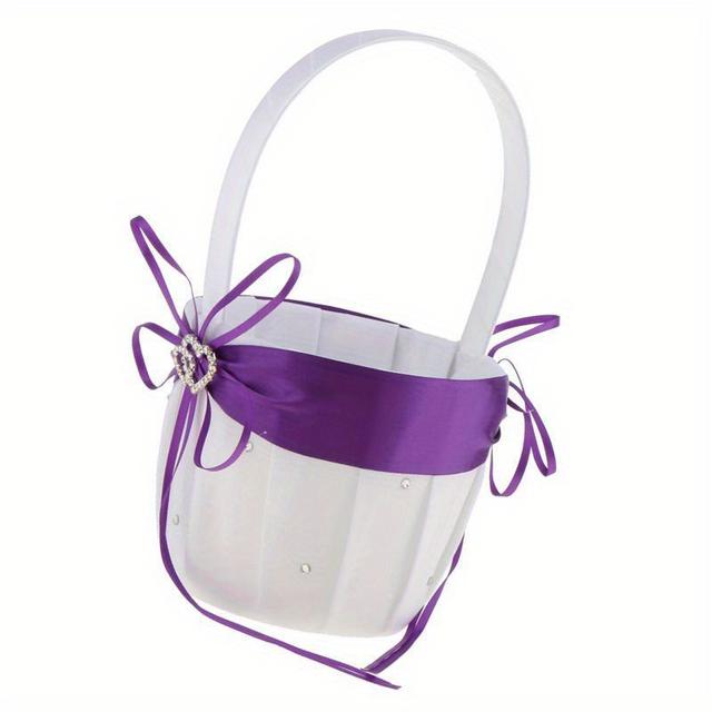 TEMU Elegante, violette Satin-Korb für Brautjungfer mit Doppelherz-Strass-Accent, Blumenkorb aus Kunststoff für Brautjungfer, Accessoires für Brautjungfer