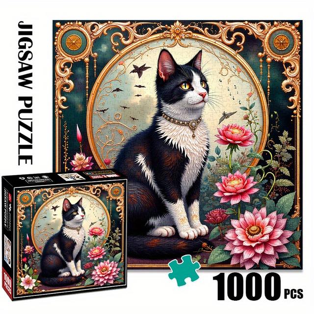 TEMU 1000pcs Charming Cat - Large, Intricate Paper Puzzle For Adults, Scratch-resistant, Ideal For Family Interaction & - Perfect Diy Gift For Holidays, Family |vintage Cat Design| Puzzle Construction