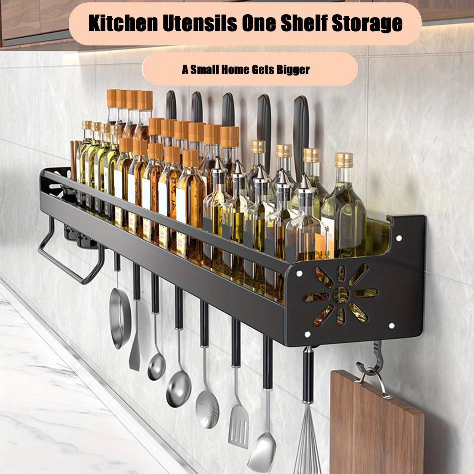 TEMU Wall-mounted Kitchen Organizer With 2 Utensil Holders & 8 Hooks – Space-saving Metal Spice Rack, No-drill Installation, Heavy Duty Aluminum For Home & Restaurant Use, Black, Kitchen Accessories
