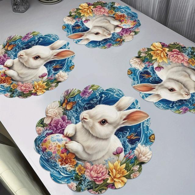 TEMU 4pcs & 8pcs, Easter Cute Bunny, Support Machine Washing, Anti-slip, Durable, Easy To Clean, Heat-resistant, Polyester Table Mats For Holiday Dining Decor. 15x15in.