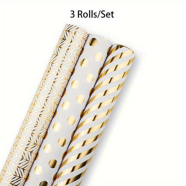 TEMU 3 Rollen/Set Gold- und Weißfolien-Geschenkpapier – 42,5 m² Gesamtfläche, Elegante Punkte-, Geometrische und Streifendesigns für Weihnachten, Partys, Hochzeiten, Geburtstage
