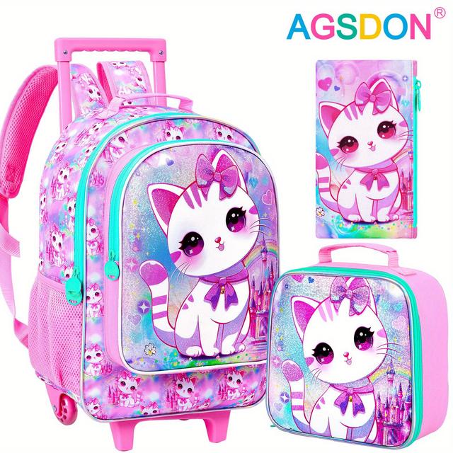 TEMU 3pcs Kids Rolling Backpack, Girls Roller Wheels Bookbag, Wheeled Elementary School Bag With Lunch Bag - White Cat
