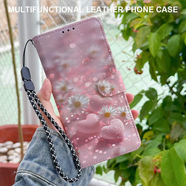 TEMU 【スマホケース】おしゃれなピンクのハート柄 折りたたみ式ウォレット型スマホケース。Apple iPhone 17, 16, 15, 14, 13, 12, 11、Proシリーズ、Plusシリーズなどに対応。カード、マグネット式留め具、ストラップ付き。