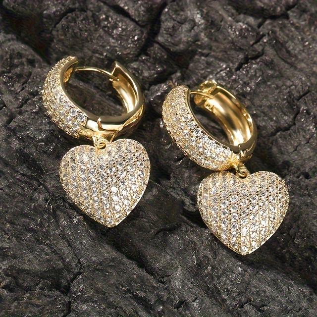 TEMU Elegant Luxurious Heart Pendant Micro Shiny Synthetic Zirconia Heart Hoop Earrings For Women Ideal For Banquets Weddings Parties Valentine's Day Gifts Daily Wear