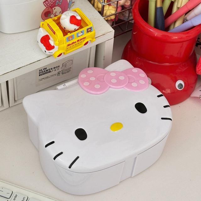 TEMU Sanrio KT Katze Kunststoff Schmuckaufbewahrungsbox mit tragbarem Spiegel, Geburtstagsgeschenk, praktisches und ordentliches Design mit Fächern (inkl. Spiegel)