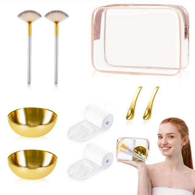 TEMU 9pcs Beauty Tool Set: 2 Stainless Steel Golden Mixing Bowls, 2 Golden Skincare Spatulas, 2 Magic Tape Face Wash Bands, 2 Facial Fan Brushes, 1 Stylish Transparent Storage Bag