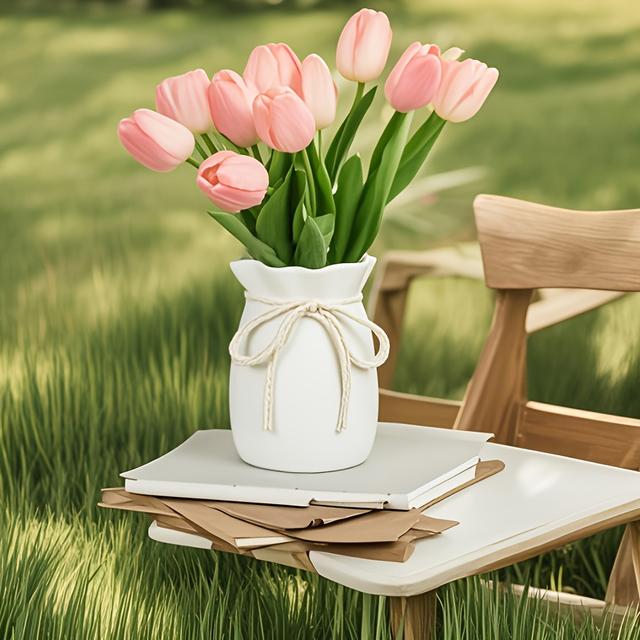 TEMU Breakage-resistant Plastic Vase | Nordic- With Rope Bow Decoration, Suitable For Tulips And Sunflowers, Easy-to-clean And Waterproof, Ideal For Home Decor And Outdoor Use