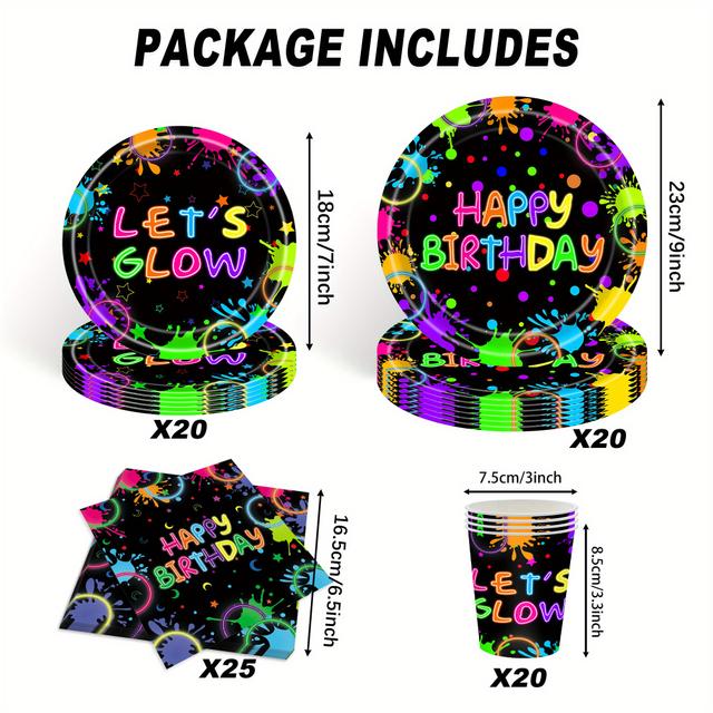 TEMU 85pcs Glowing Birthday Party Tableware Set, Neon Birthday Party Supplies, Colorful Graffiti Party Decorations, Party Packs