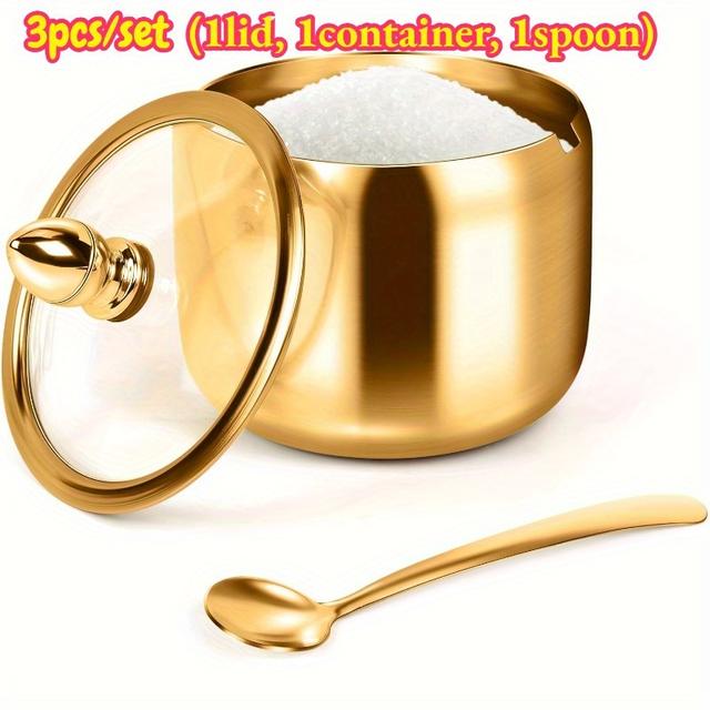 TEMU 3pcs Golden Stainless Steel Condiment Storage With Glass Lid And Spoon- Dishwasher Safe, Wide Opening, Condiment Dispenser, Suitable For Coffee Bar And Kitchen Organization