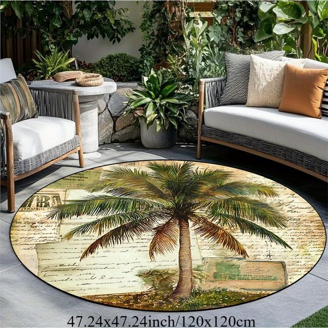 TEMU سجادة دائرية من نوع شجرة استوائية، سجادة غير قابلة للانزلاق وقابلة للغسل، سجادة خفيفة الوزن ومتينة، مناسبة للفناء/المركبة/غرفة المعيشة/غرفة النوم/الشرفة، سجادة زخرفية خارجية.