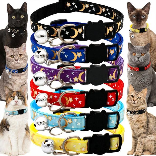 TEMU 6pcs -the-dark Cat Collars With Star And Moon Design | Adjustable, For Cats Of All Sizes, Polyester Material, 6 Different Colors For , Without Battery