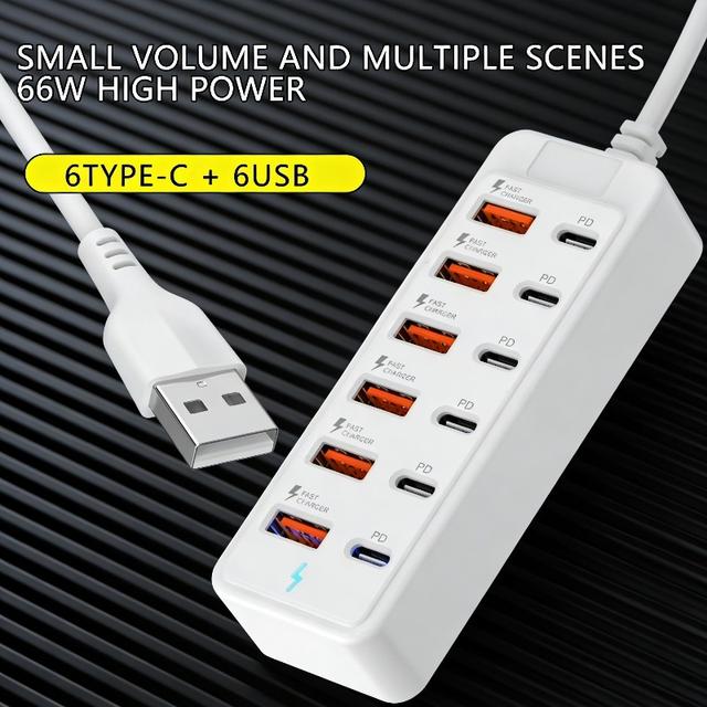 TEMU 12-port Usb Fast Charging Multi-socket : 6 Type-c Pd + 6 Usb-a Ports, Single Port 66w Fast Charging, Universal Power For Laptops And Tablets, Compact Socket With Cable, Industrial Electrical