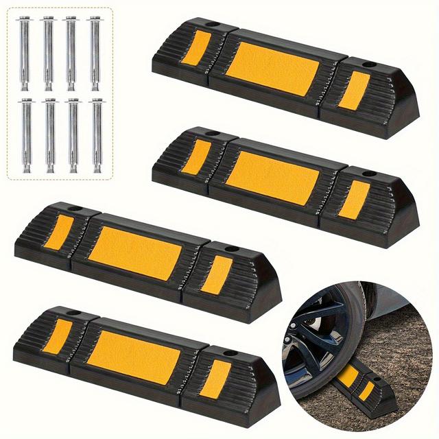 TEMU 4X Gummiradstopper mit Traktions-Schutz und Parkbegrenzer, Reflektierender Streifen für Garagen- und Parkmarkierungen, Radstopp zur Sicherung des Parkplatzes