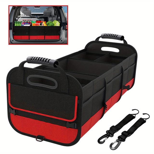 TEMU 95l Folding Car Trunk Organizer With Adjustable Dividers, Durable Polyester Vehicle Storage Box With Cup Holder, Side Mesh Pockets, Sturdy Handles, And Securing Straps For Travel And Pet Supplies