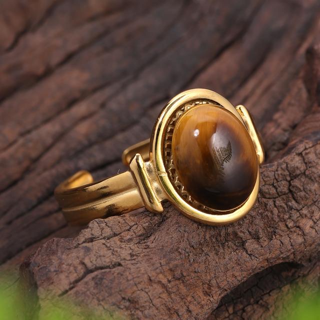 TEMU Vintage Ring Inlay Oval Tiger Eye Stone Ring For Women Banquets Vacations Anniversary Ring Boho Adjustable Jewelry
