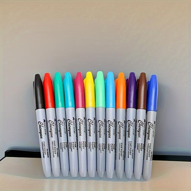TEMU 12/pack Fine Point Permanent Marker Set, Waterproof, Quick-dry, Fade-resistant Fine Tip Markers For Office, Classroom, And Home Use