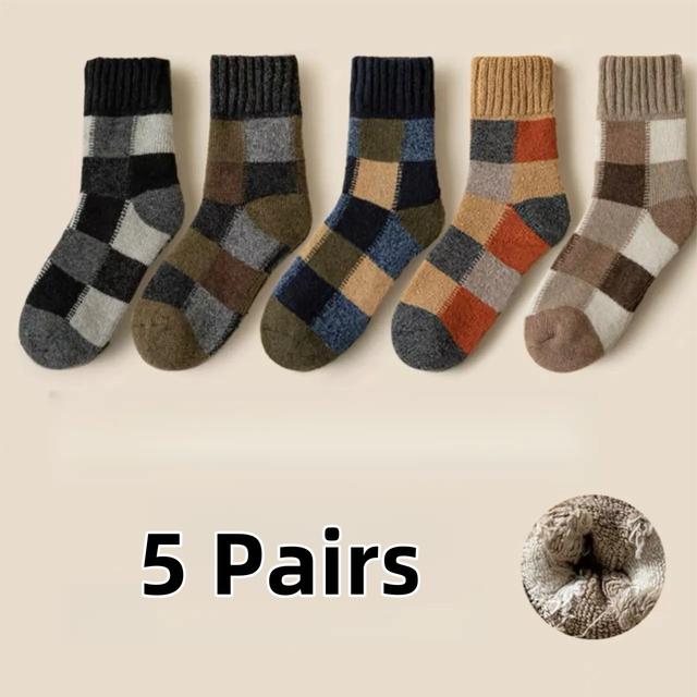 TEMU 가을과 겨울용 울트라 두꺼운 플리스 안감 양말 5켤레 - 따뜻하고 두꺼운 중간 길이 양말, 체크무늬, 추운 날씨에 완벽, 남녀공용, 손세탁 전용, 겨울 양말 | 체크무늬 양말 | 두꺼운 양말