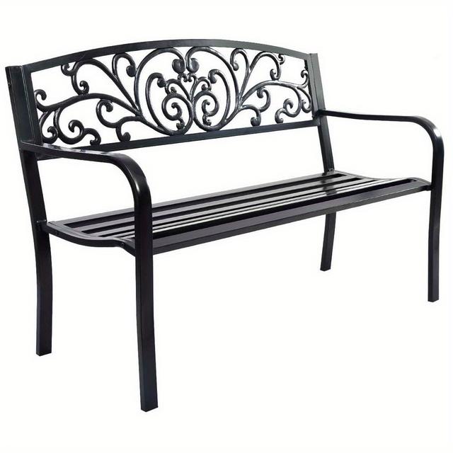 TEMU 3-seater Cast Iron Garden Bench With Backrest & Armrests - Black Bench, Rust-resistant Ornate Scrollwork Design, Ergonomic Seat For Indoor/outdoor Use In Garden, Patio, Or Commercial Spaces