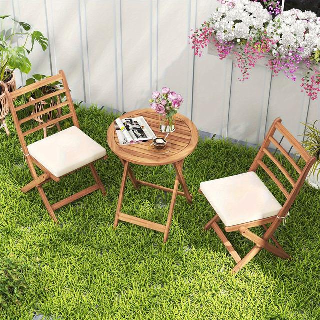 TEMU Multigot 3pcs Acacia Wood Set Folding Outdoor Table And Chairs With Cushions