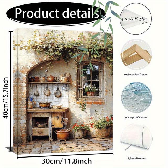 TEMU 2D 플랫 1pc 러스티크 카운티 주방 씬 캔버스 아트 프린트, 나무 프레임으로 장식 - 침실이나 거실을 위한 빈티지 스타일 벽 장식, 정원 창문용 그릇과 냄비를 특징으로, 걸 수 있는 선물, 주방 장식 및 액세서리