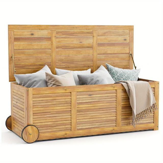 TEMU Boîte de jardin en bois 182 L, Banc de jardin à roulettes, Boîte de rangement avec sac intérieur étanche et poignée, pour salon de terrasse de jardin, Coffre de jardin à coussin, 127 X 50 X