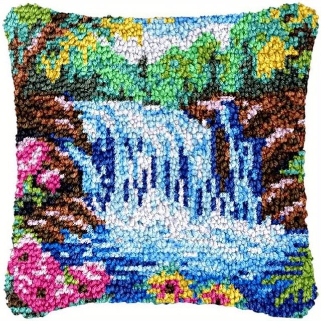 TEMU Beginner Latch Hook Kits Pillow Cover Set Waterfall & Rocks Sofa Cushion Latch Hooking Handmade Cushion Rug Acrylic Yarn Printed Canvas Pillowcase Craft Kits