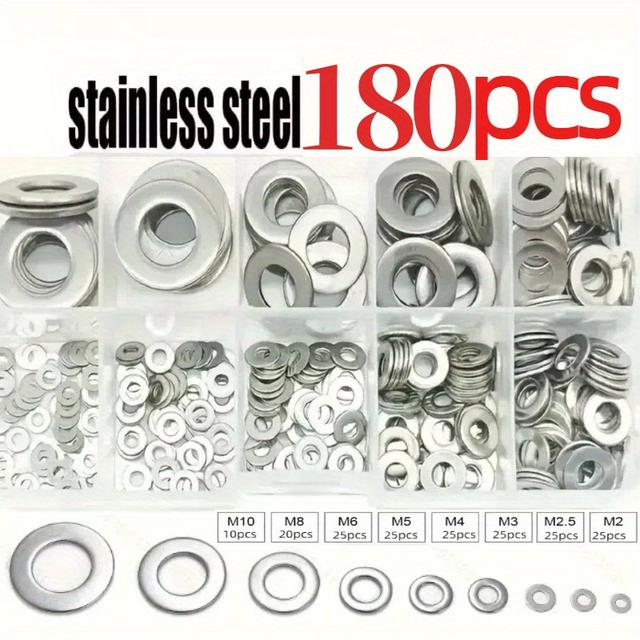 TEMU 180pcs Stainless Steel Flat Washer Set, Includes 8 Sizes (m2-m10) For Screws, Bolts, And Mud Flaps - For Home Decor, Factory Repair, Kitchens, Shops & More, Round Shape Metal