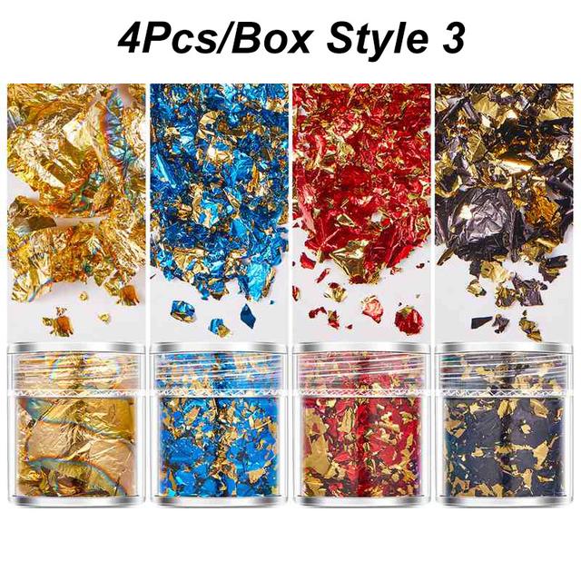 TEMU 4 Szín/4 db Professzionális Körömdesign Kiegészítők Arany, Ezüst, Réz Fólia Csillámok, Fényes Levél Pelyhek Tömeges Fólia Papír Aranyozáshoz, Manikűr DIY Díszítő Eszközök