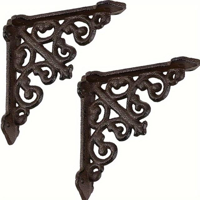 TEMU 2pcs Art Iron Wall Shelf Brackets, 3.9 Inch Heavy Duty Triangle Supports With Ornate Vine Moulding, Sturdy Wall Hanging Storage For Home Office Interior Decor, Metal Wall Decor