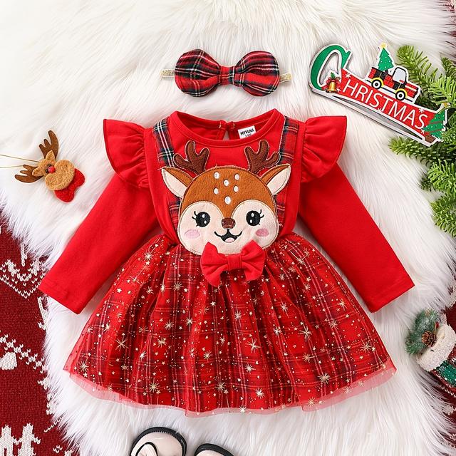 TEMU Kerst Edition Meisjes Rendier 2-in-1 Look Jurkset: Rode Top + Sterrenruit Tule Rok met Rock Style Vlinder Haarband