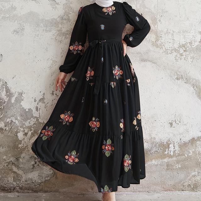 TEMU Ramadan Floral Print Crew Neck Long Sleeve Dress, Casual Tie Front Layered maxi Length Dress, Women's Clothing