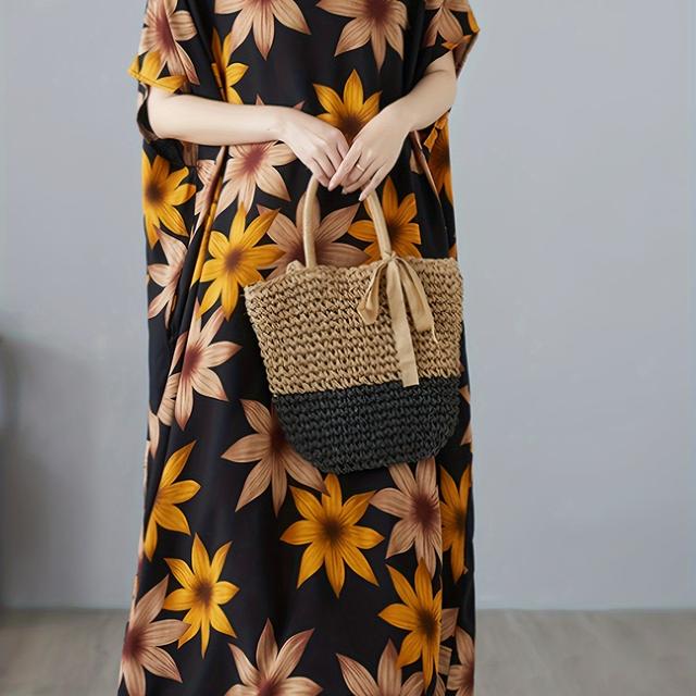 TEMU Elegant Bohemian Dress For Women, Loose V-neck Casual Vacation Dress