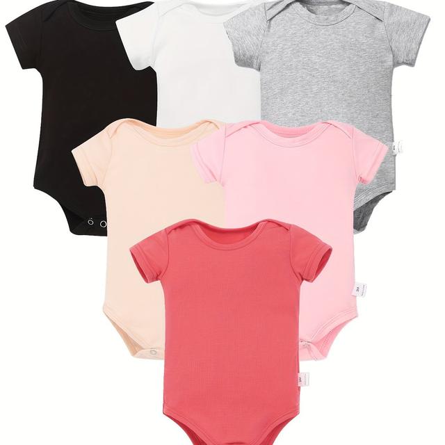TEMU 6pcs Infant' Color Crew Neck Bodysuit, Casual Short Sleeve Onesie, Baby Girl's Outdoor Clothing