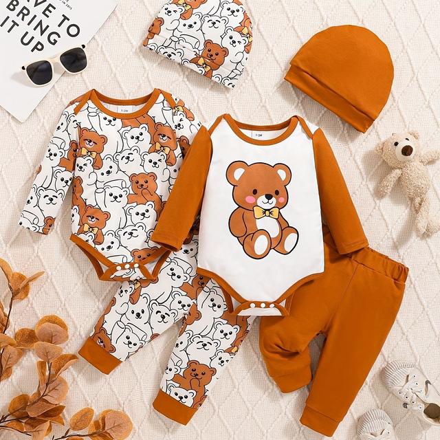 TEMU 6dílná sada kojeneckých a batolecích podzimních a zimních triček s dlouhým rukávem a potiskem medvídka s čepicí, pro venkovní použití