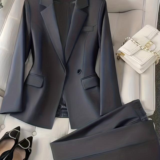 TEMU Deep Gray Elegant Luxury Women's Suit Set - Blazer And Pants Outfit For Workplace Commute And Business Meetings