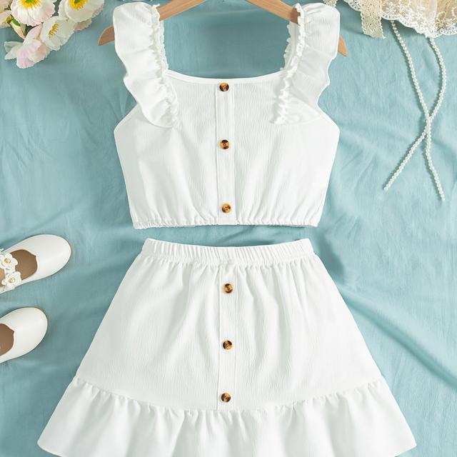 TEMU Summer Daily Casual Outing Sleeveless Ruffle Design Button Decor Top And Skirt 2pcs Set For Girls