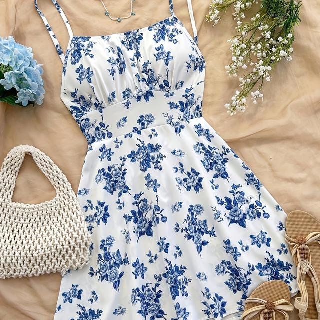 TEMU Women' & Navy Blue Floral Print A-line Dress - Boho Beach Wedding Guest Dress With Spaghetti Strap, Short Sleeves & Low-, Machine Washable Outfit For Poolside, Casual To Formal Events