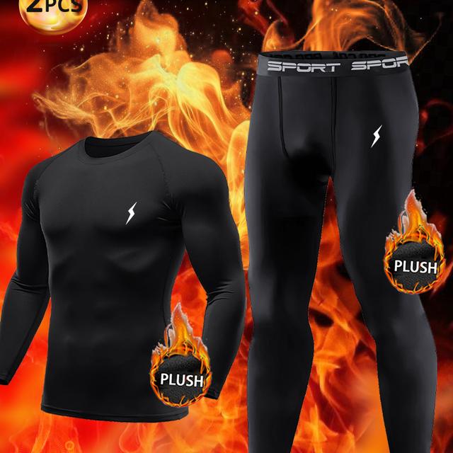 TEMU Volt Icon Sportswear 2pcs Set - Black Plush , 24h For Skiing/hiking, Fleece Thermal Outfit