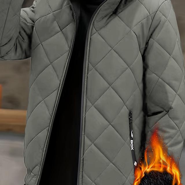 TEMU 남성용 따뜻한 플리스 안감 후드 재킷 - 올리브 그린 퀼트 겨울 코트 지퍼 포켓 포함, 남성용 캐주얼 추운 날씨 아우터웨어, 캐주얼 자켓 | 캐주얼 스타일 | 내구성 있는 원단, 겨울 재킷