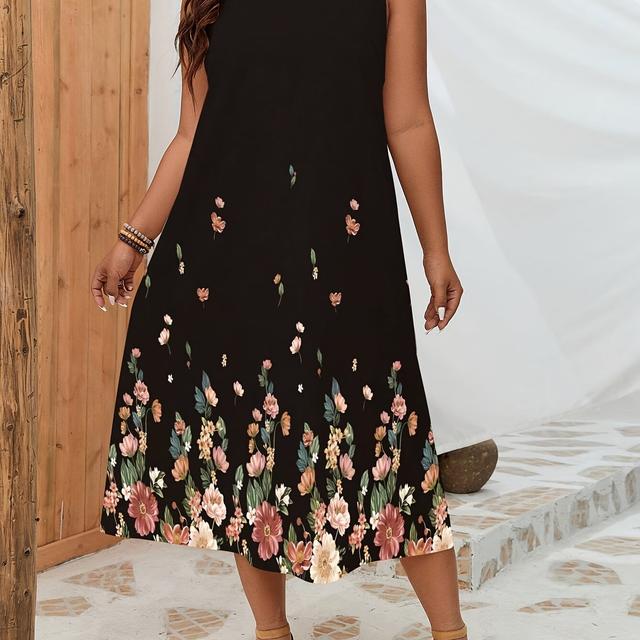 TEMU Plus Size - Plus Size - Women's Plus Size Dress, Elegant Black Floral Print