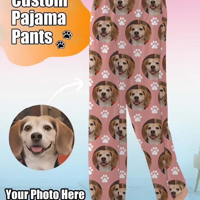 TEMU Custom Pet Photo Pajama Pants For Adults - Personalized Dog Print Sleepwear, 95% Polyester 5% Spandex, Elastic Waistband & Loose Fit, Machine Washable Geometric Lounge Pants - Pb-510