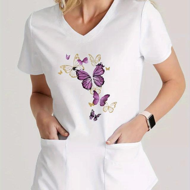 TEMU Ápoló V-nyakú Női Divat Póló, Pillangós Lila Mintás Felső Egyedi Designnal
