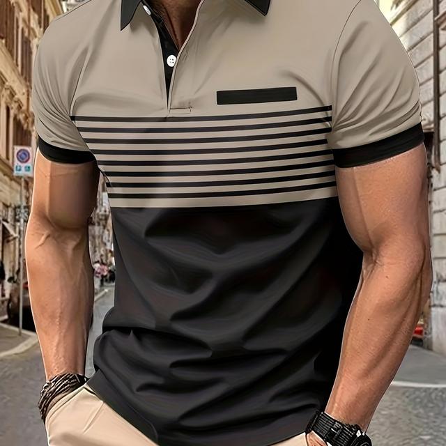 TEMU Men's Color Matching Striped Golf Shirt, Casual Breathable Comfy Half Button Short Sleeve Shirt For Outdoor