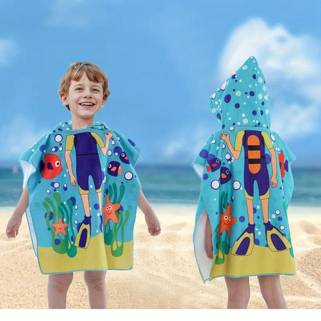 TEMU 1pc Boys' Hooded Bathrobe - Cartoon Shark Print, Light Blue Polyester Beach & Party Robe With Pockets, Comfortable Loose Fit For Indoor & Outdoor Use, Beach Coverup | Design | Polyester