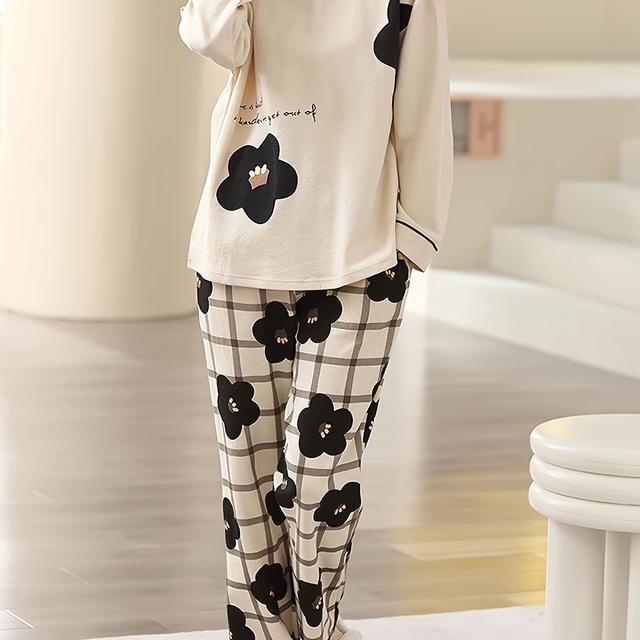TEMU 秋用レディース長袖長ズボンパジャマ 新作セット おしゃれなカラークラッシュ ルプリントとチェック柄 やさしくて甘いデザイン 日常のホームウェアに最適