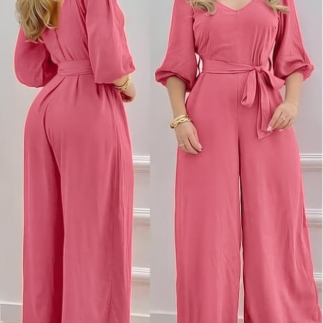 TEMU Women's Summer Casual Coral Jumpsuit With Square Neck And Tie Waist - Comfortable, Versatile, And Stylish, Adult Women, Casual Wear Jumpsuit | Stylish Jumpsuit | Comfortable Jumpsuit